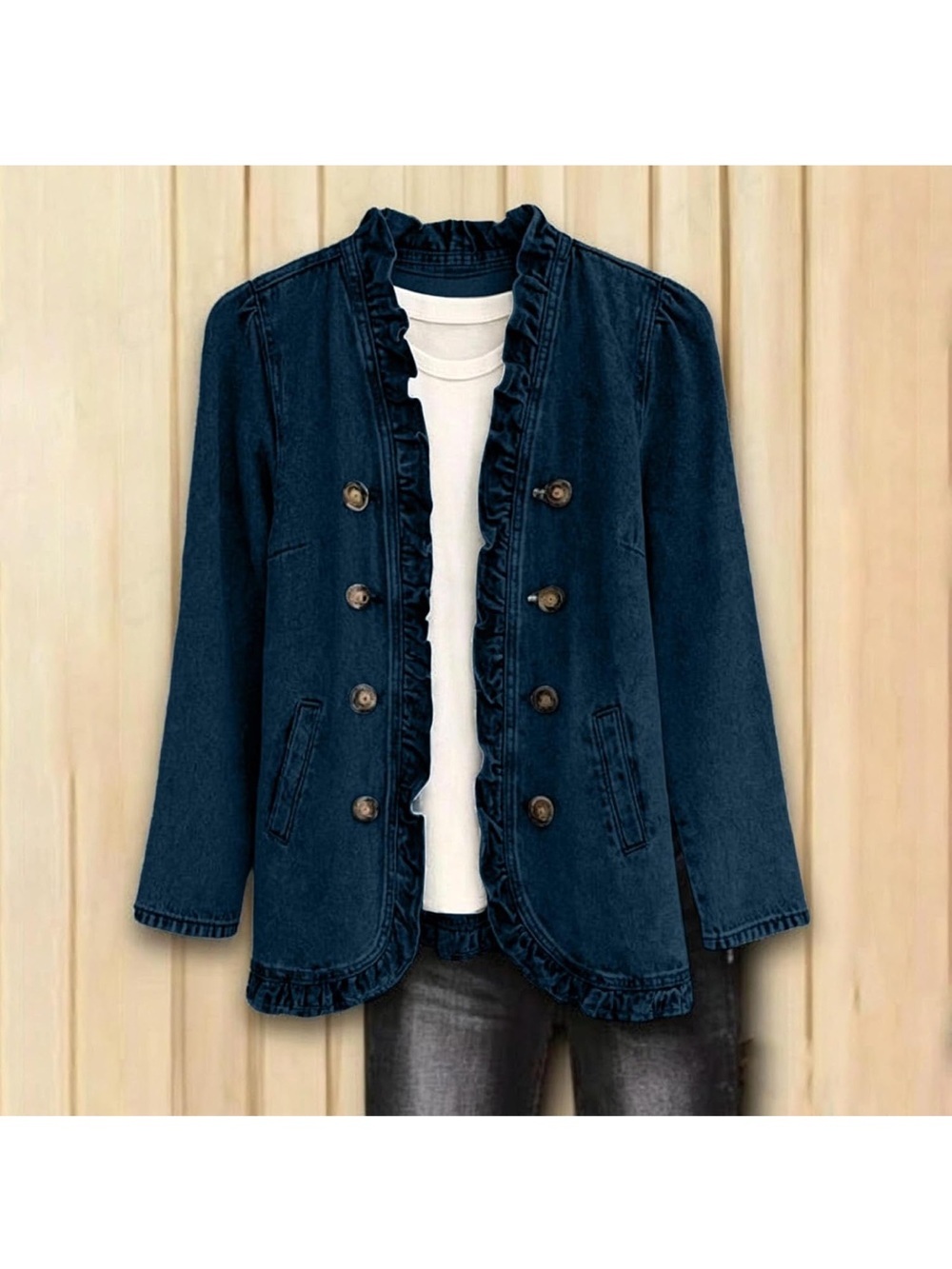 Denim Ruffle-Trim Jacket - Blue - Picture 8 of 8